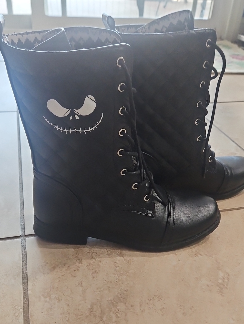 Disney Black Quilted Lace-Up Women's Combat Boots with White Graphic